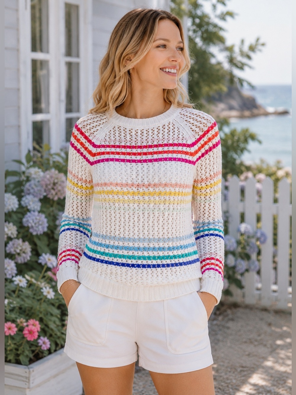 NWT Women’s Small Petite | Talbots Petite | Multicolor Rainbow Open Knit Sweater